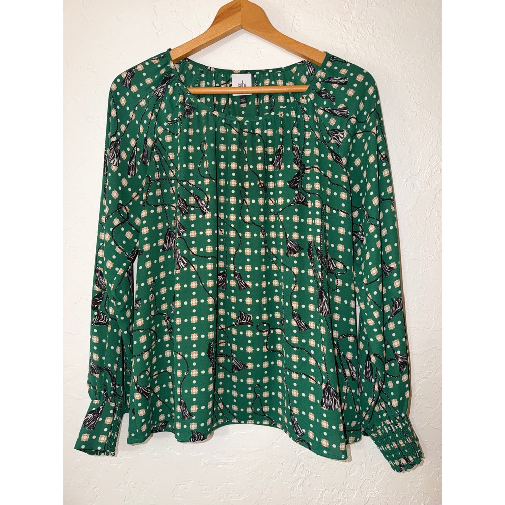 Cabi Voyage Blouse 4535 Green Tassel Print Long Sleeve Top Size M EUC